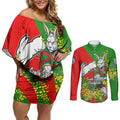 South Sydney Rabbitohs Couples Matching Off Shoulder Short Dress and Long Sleeve Button Shirt Golden Wattle Floral Polynesian - Australian Flower - Rugby Mascot