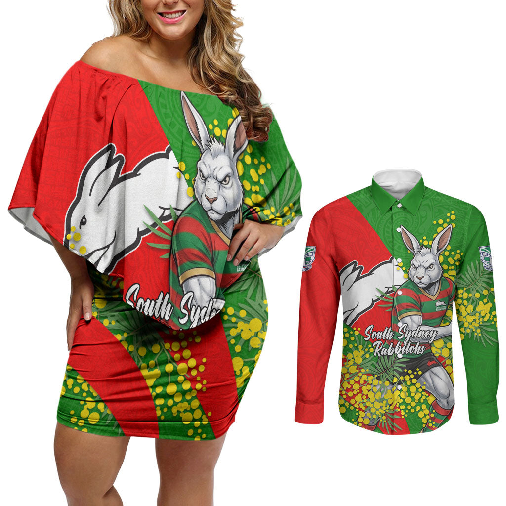 South Sydney Rabbitohs Couples Matching Off Shoulder Short Dress and Long Sleeve Button Shirt Golden Wattle Floral Polynesian - Australian Flower - Rugby Mascot