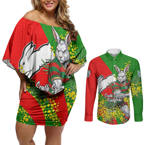 South Sydney Rabbitohs Couples Matching Off Shoulder Short Dress and Long Sleeve Button Shirt Golden Wattle Floral Polynesian - Australian Flower - Rugby Mascot