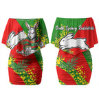 South Sydney Rabbitohs Couples Matching Off Shoulder Short Dress and Long Sleeve Button Shirt Golden Wattle Floral Polynesian - Australian Flower - Rugby Mascot