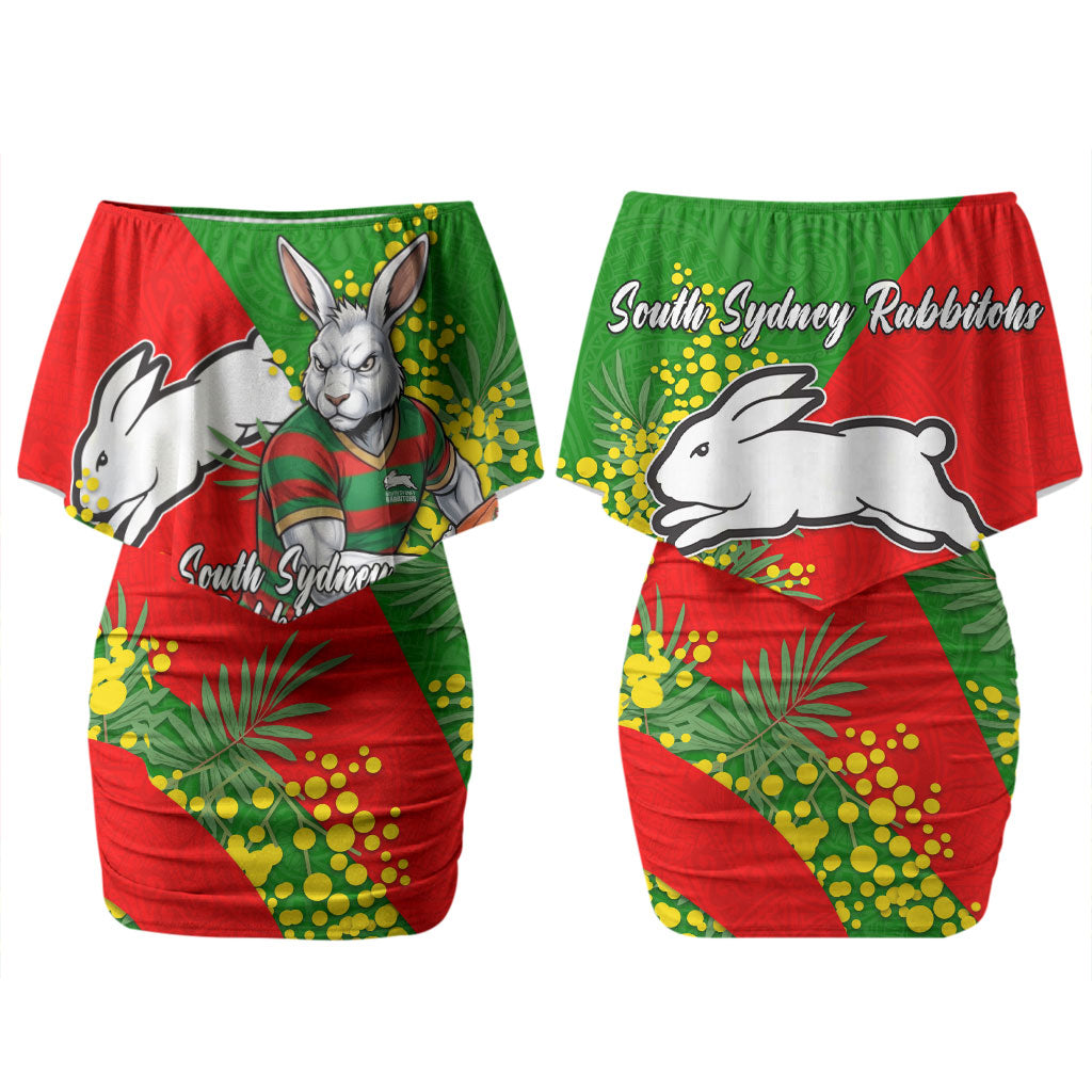 South Sydney Rabbitohs Couples Matching Off Shoulder Short Dress and Long Sleeve Button Shirt Golden Wattle Floral Polynesian - Australian Flower - Rugby Mascot