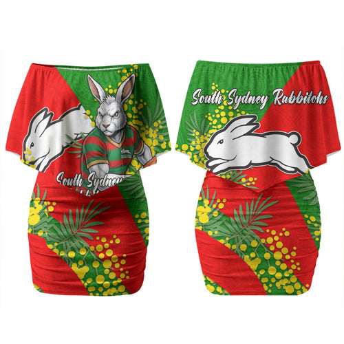 South Sydney Rabbitohs Couples Matching Off Shoulder Short Dress and Long Sleeve Button Shirt Golden Wattle Floral Polynesian - Australian Flower - Rugby Mascot