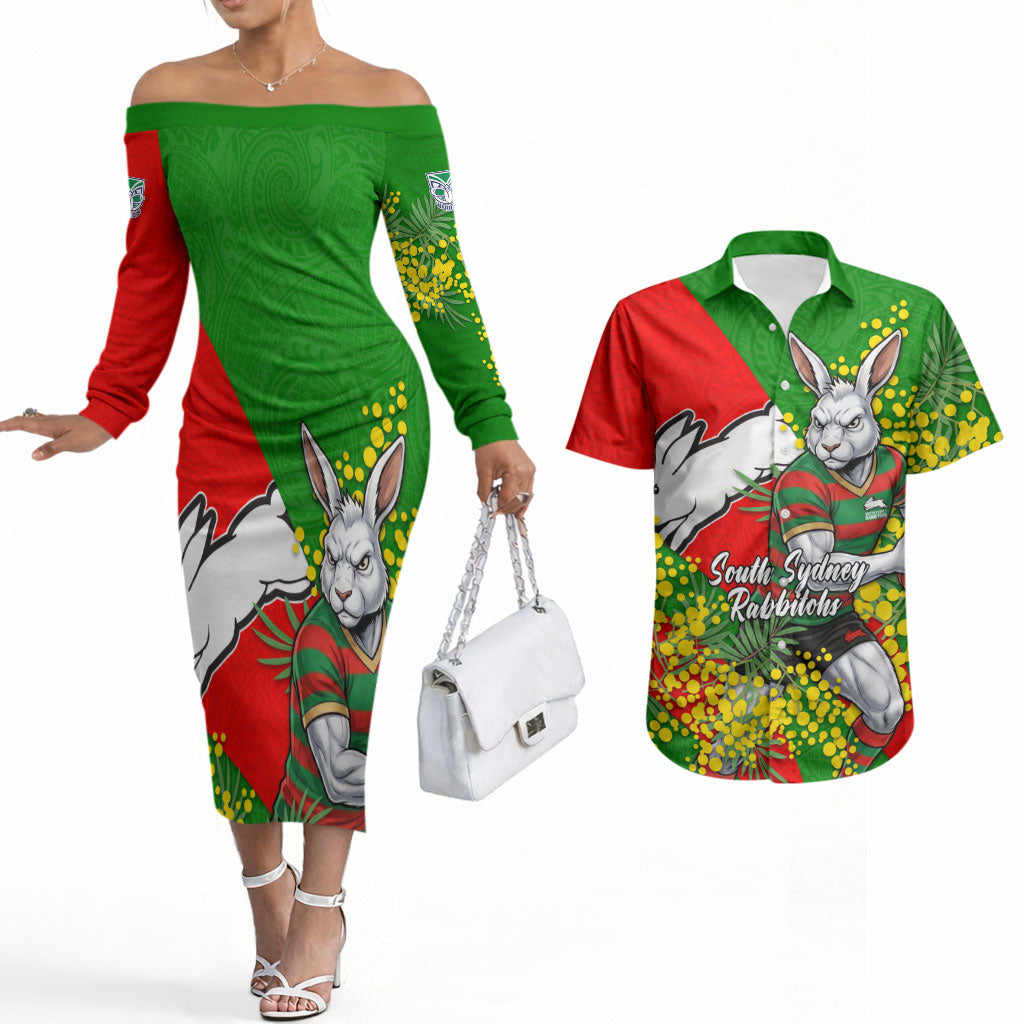 South Sydney Rabbitohs Couples Matching Off The Shoulder Long Sleeve Dress and Hawaiian Shirt Golden Wattle Floral Polynesian - Australian Flower - Rugby Mascot