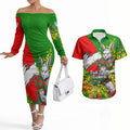 South Sydney Rabbitohs Couples Matching Off The Shoulder Long Sleeve Dress and Hawaiian Shirt Golden Wattle Floral Polynesian - Australian Flower - Rugby Mascot
