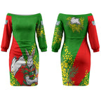 South Sydney Rabbitohs Couples Matching Off The Shoulder Long Sleeve Dress and Hawaiian Shirt Golden Wattle Floral Polynesian - Australian Flower - Rugby Mascot
