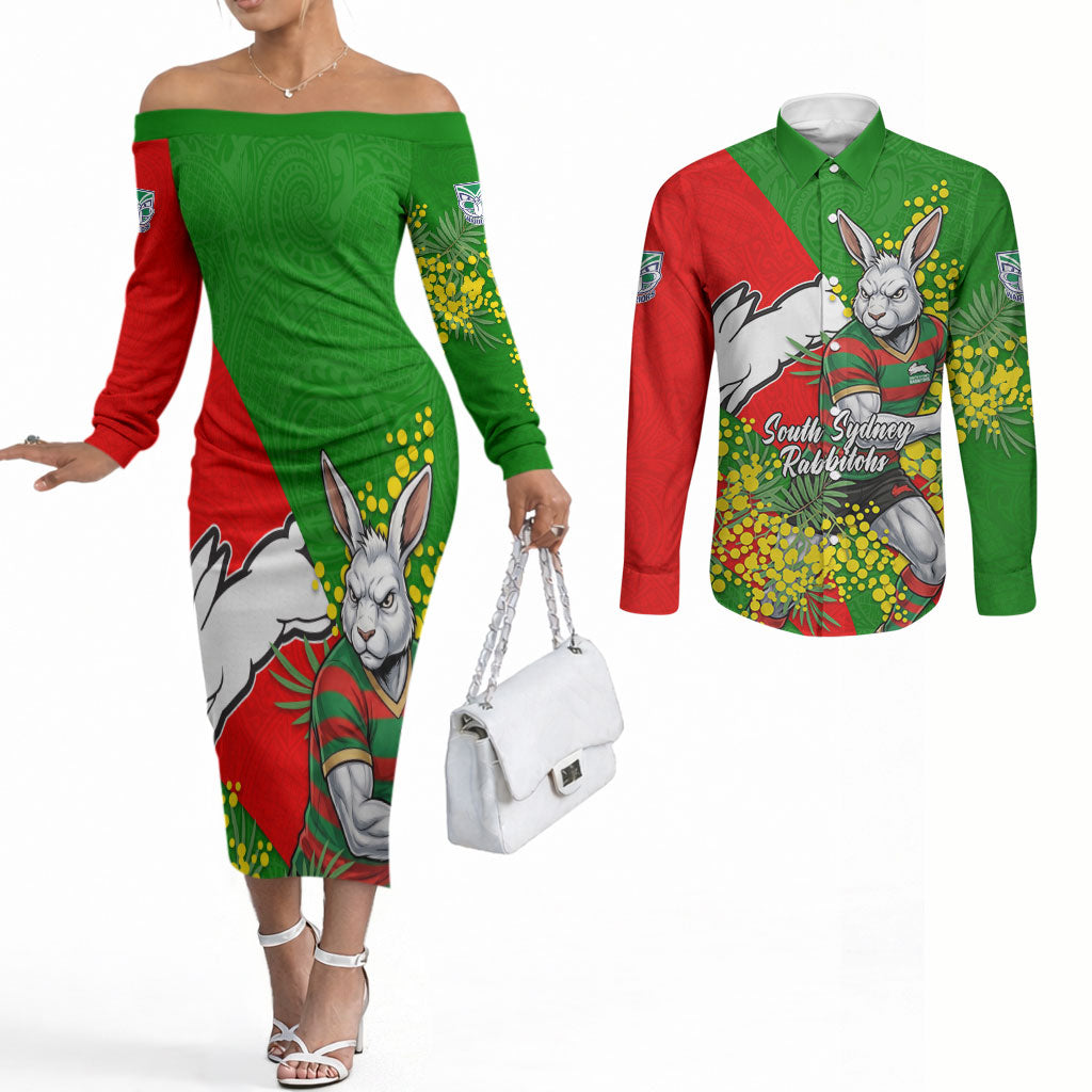 South Sydney Rabbitohs Couples Matching Off The Shoulder Long Sleeve Dress and Long Sleeve Button Shirt Golden Wattle Floral Polynesian - Australian Flower - Rugby Mascot