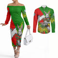 South Sydney Rabbitohs Couples Matching Off The Shoulder Long Sleeve Dress and Long Sleeve Button Shirt Golden Wattle Floral Polynesian - Australian Flower - Rugby Mascot