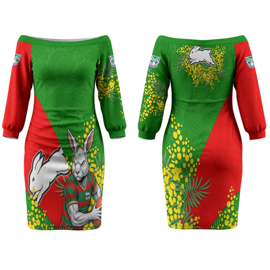 South Sydney Rabbitohs Couples Matching Off The Shoulder Long Sleeve Dress and Long Sleeve Button Shirt Golden Wattle Floral Polynesian - Australian Flower - Rugby Mascot