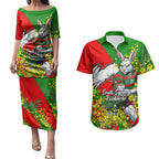 South Sydney Rabbitohs Couples Matching Puletasi and Hawaiian Shirt Golden Wattle Floral Polynesian - Australian Flower - Rugby Mascot