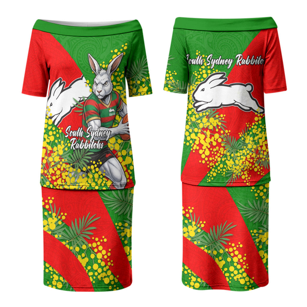 South Sydney Rabbitohs Couples Matching Puletasi and Hawaiian Shirt Golden Wattle Floral Polynesian - Australian Flower - Rugby Mascot