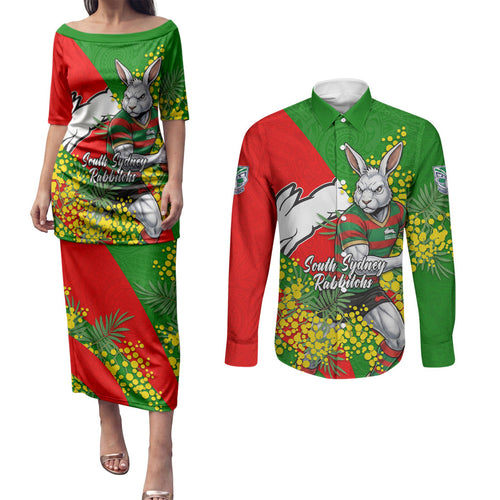 South Sydney Rabbitohs Couples Matching Puletasi and Long Sleeve Button Shirt Golden Wattle Floral Polynesian - Australian Flower - Rugby Mascot