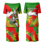 South Sydney Rabbitohs Couples Matching Puletasi and Long Sleeve Button Shirt Golden Wattle Floral Polynesian - Australian Flower - Rugby Mascot