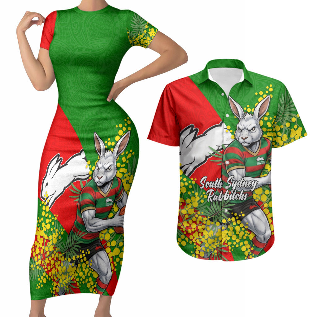 South Sydney Rabbitohs Couples Matching Short Sleeve Bodycon Dress and Hawaiian Shirt Golden Wattle Floral Polynesian - Australian Flower - Rugby Mascot