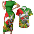 South Sydney Rabbitohs Couples Matching Short Sleeve Bodycon Dress and Hawaiian Shirt Golden Wattle Floral Polynesian - Australian Flower - Rugby Mascot
