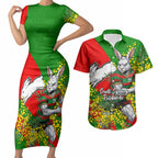 South Sydney Rabbitohs Couples Matching Short Sleeve Bodycon Dress and Hawaiian Shirt Golden Wattle Floral Polynesian - Australian Flower - Rugby Mascot