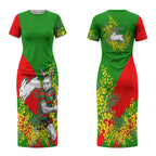 South Sydney Rabbitohs Couples Matching Short Sleeve Bodycon Dress and Hawaiian Shirt Golden Wattle Floral Polynesian - Australian Flower - Rugby Mascot
