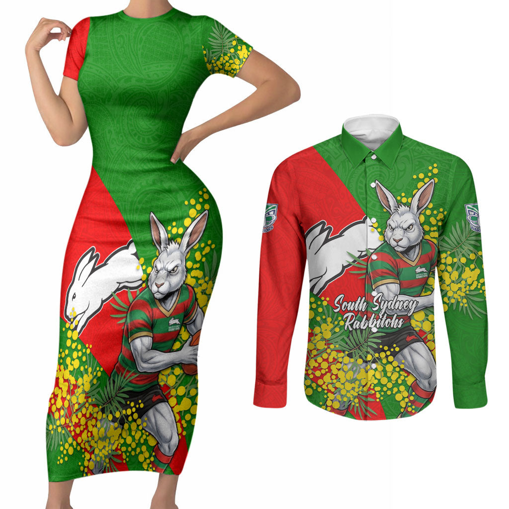 South Sydney Rabbitohs Couples Matching Short Sleeve Bodycon Dress and Long Sleeve Button Shirt Golden Wattle Floral Polynesian - Australian Flower - Rugby Mascot