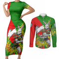 South Sydney Rabbitohs Couples Matching Short Sleeve Bodycon Dress and Long Sleeve Button Shirt Golden Wattle Floral Polynesian - Australian Flower - Rugby Mascot