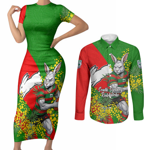 South Sydney Rabbitohs Couples Matching Short Sleeve Bodycon Dress and Long Sleeve Button Shirt Golden Wattle Floral Polynesian - Australian Flower - Rugby Mascot