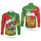 South Sydney Rabbitohs Couples Matching Short Sleeve Bodycon Dress and Long Sleeve Button Shirt Golden Wattle Floral Polynesian - Australian Flower - Rugby Mascot