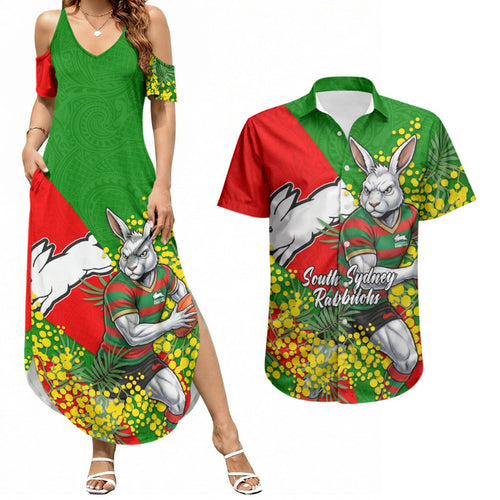 South Sydney Rabbitohs Couples Matching Summer Maxi Dress and Hawaiian Shirt Golden Wattle Floral Polynesian - Australian Flower - Rugby Mascot