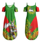 South Sydney Rabbitohs Couples Matching Summer Maxi Dress and Hawaiian Shirt Golden Wattle Floral Polynesian - Australian Flower - Rugby Mascot