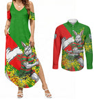 South Sydney Rabbitohs Couples Matching Summer Maxi Dress and Long Sleeve Button Shirt Golden Wattle Floral Polynesian - Australian Flower - Rugby Mascot
