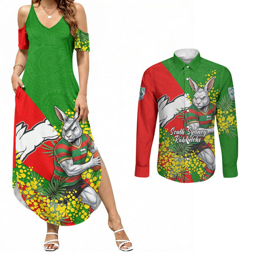South Sydney Rabbitohs Couples Matching Summer Maxi Dress and Long Sleeve Button Shirt Golden Wattle Floral Polynesian - Australian Flower - Rugby Mascot