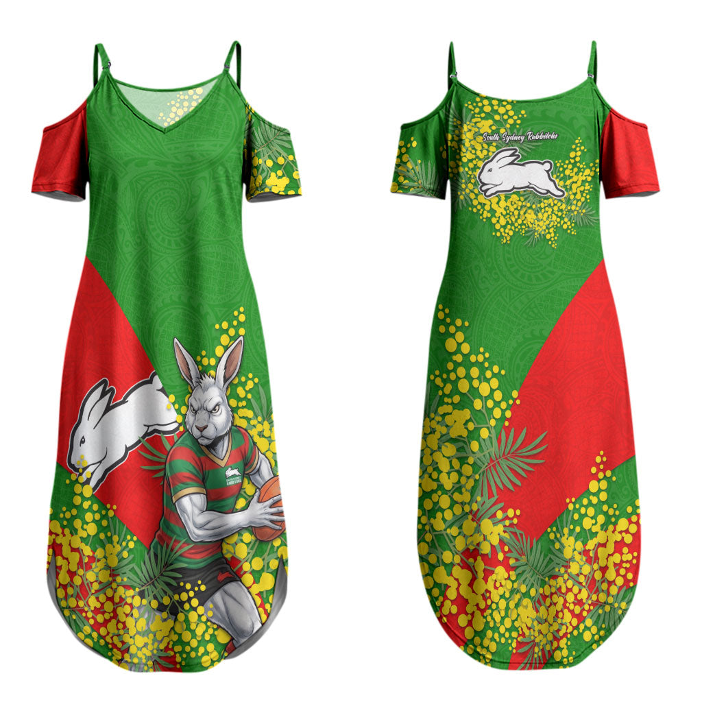 South Sydney Rabbitohs Couples Matching Summer Maxi Dress and Long Sleeve Button Shirt Golden Wattle Floral Polynesian - Australian Flower - Rugby Mascot