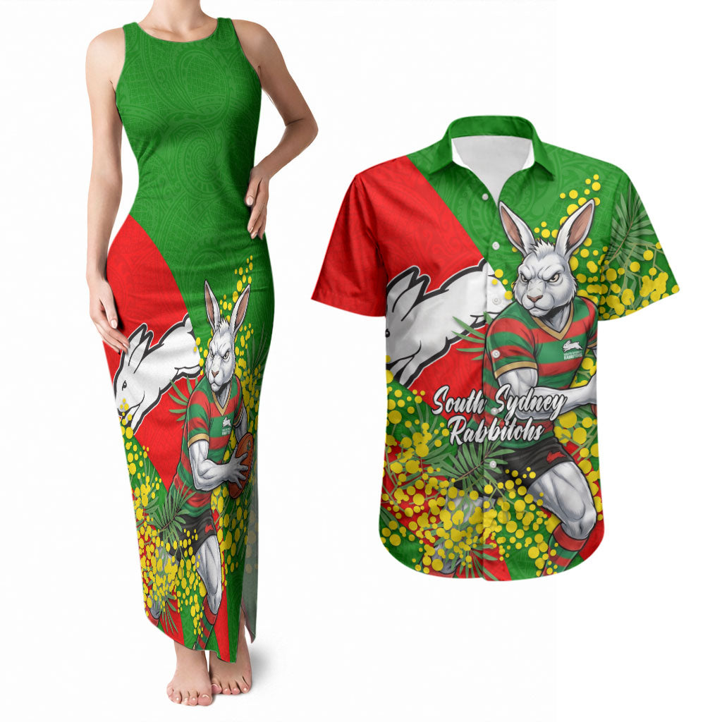 South Sydney Rabbitohs Couples Matching Tank Maxi Dress and Hawaiian Shirt Golden Wattle Floral Polynesian - Australian Flower - Rugby Mascot