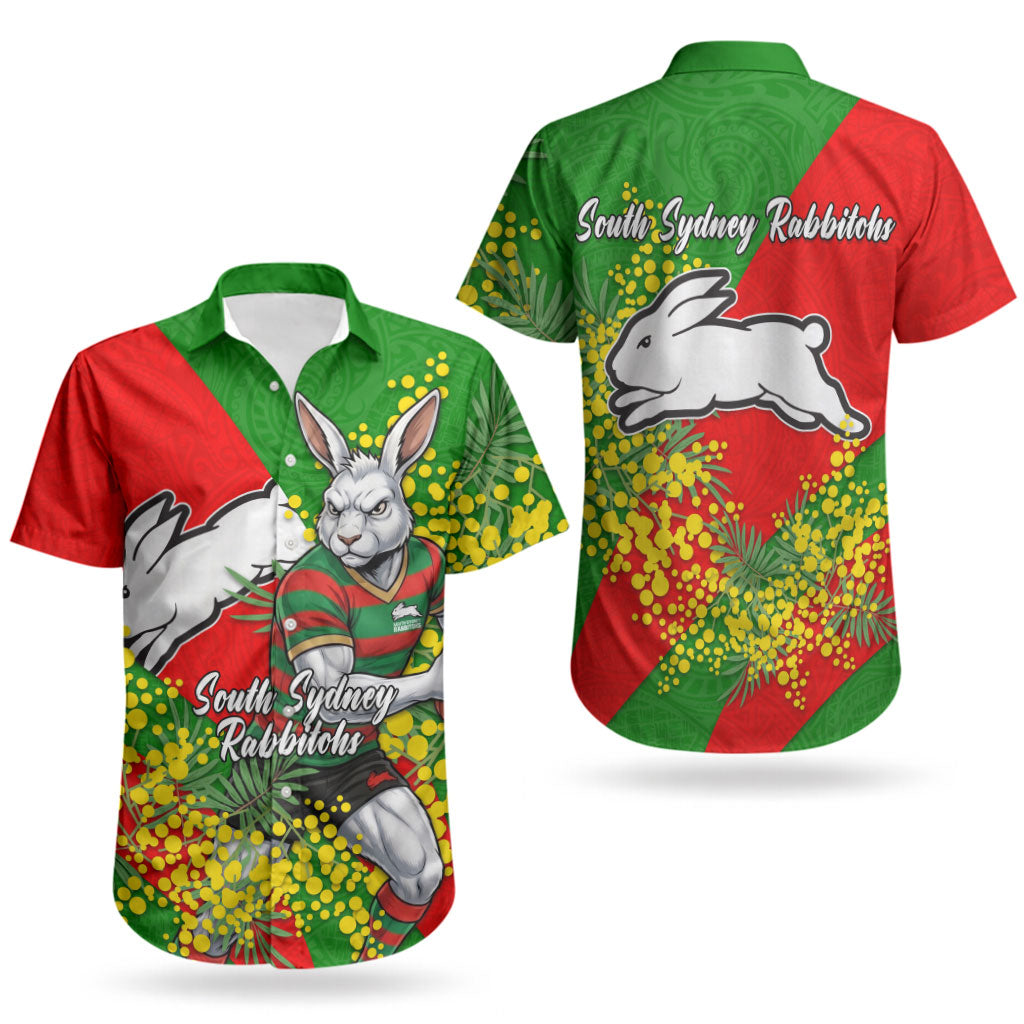 South Sydney Rabbitohs Couples Matching Tank Maxi Dress and Hawaiian Shirt Golden Wattle Floral Polynesian - Australian Flower - Rugby Mascot