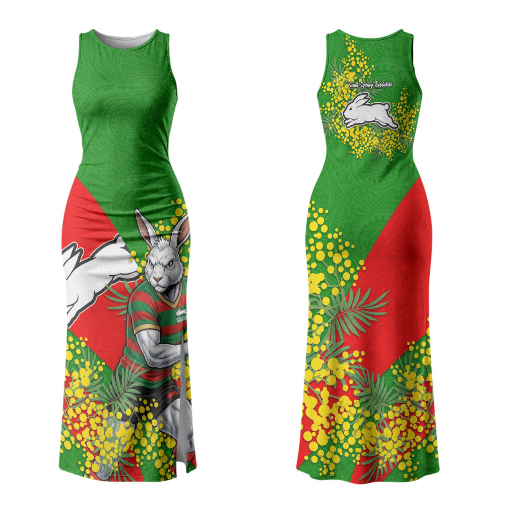 South Sydney Rabbitohs Couples Matching Tank Maxi Dress and Hawaiian Shirt Golden Wattle Floral Polynesian - Australian Flower - Rugby Mascot