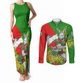 South Sydney Rabbitohs Couples Matching Tank Maxi Dress and Long Sleeve Button Shirt Golden Wattle Floral Polynesian - Australian Flower - Rugby Mascot