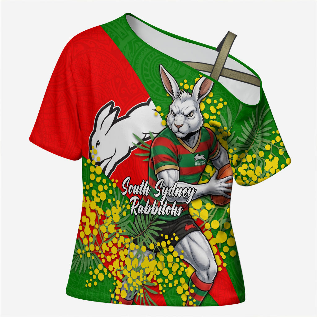 South Sydney Rabbitohs Cross Shoulder Shirt Golden Wattle Floral Polynesian - Australian Flower - Rugby Mascot