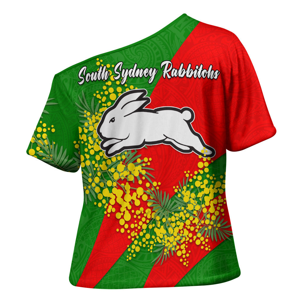 South Sydney Rabbitohs Cross Shoulder Shirt Golden Wattle Floral Polynesian - Australian Flower - Rugby Mascot