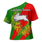 South Sydney Rabbitohs Cross Shoulder Shirt Golden Wattle Floral Polynesian - Australian Flower - Rugby Mascot