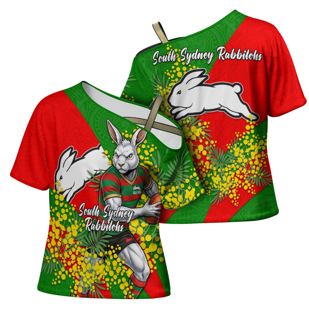 South Sydney Rabbitohs Cross Shoulder Shirt Golden Wattle Floral Polynesian - Australian Flower - Rugby Mascot