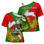 South Sydney Rabbitohs Cross Shoulder Shirt Golden Wattle Floral Polynesian - Australian Flower - Rugby Mascot