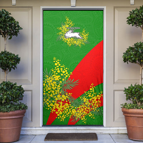 South Sydney Rabbitohs Door Cover Golden Wattle Floral Polynesian - Australian Flower - Rugby Mascot