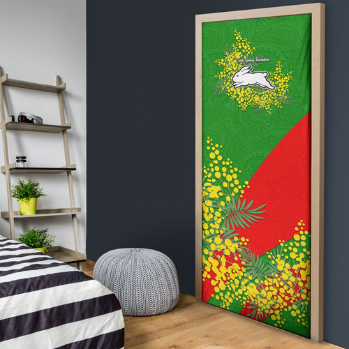 South Sydney Rabbitohs Door Cover Golden Wattle Floral Polynesian - Australian Flower - Rugby Mascot