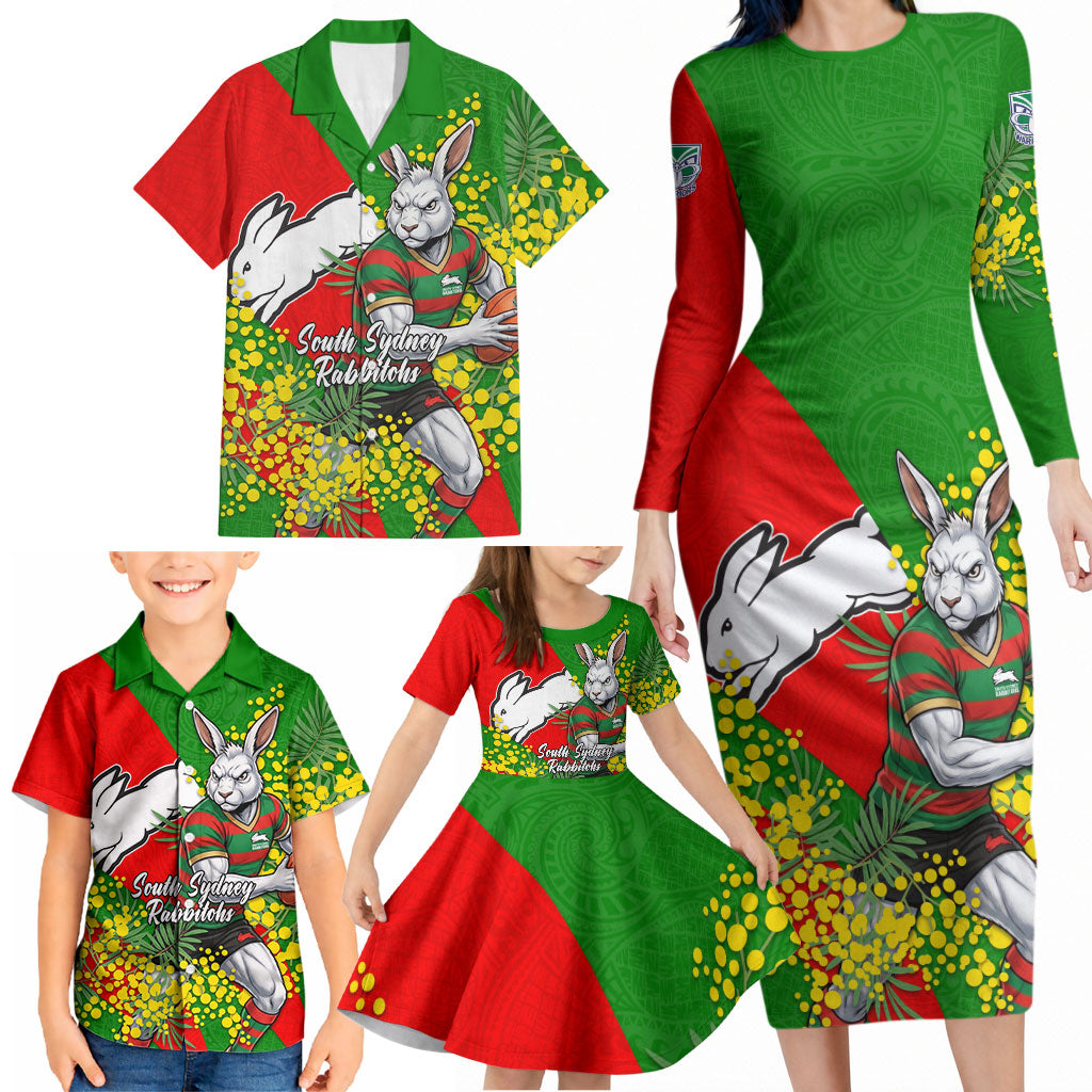 South Sydney Rabbitohs Family Matching Long Sleeve Bodycon Dress and Hawaiian Shirt Golden Wattle Floral Polynesian - Australian Flower - Rugby Mascot