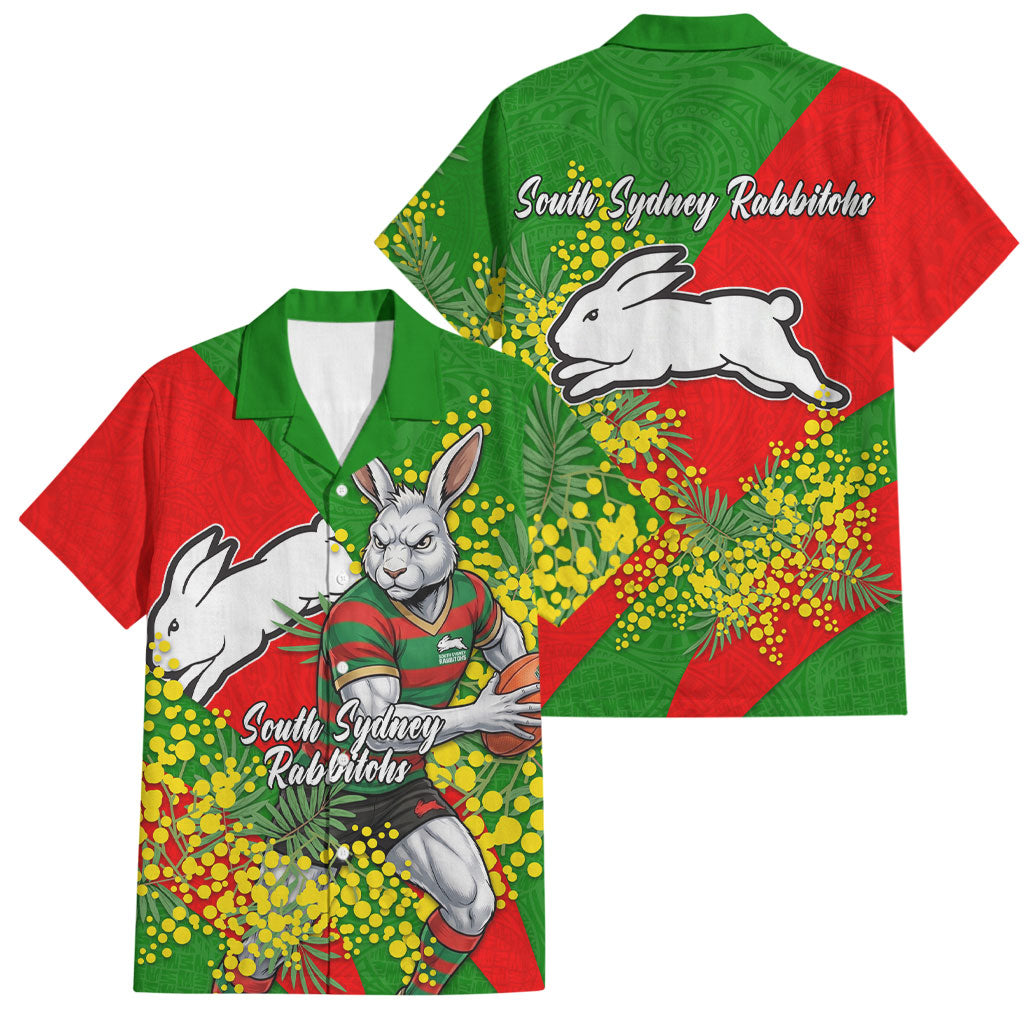 South Sydney Rabbitohs Family Matching Long Sleeve Bodycon Dress and Hawaiian Shirt Golden Wattle Floral Polynesian - Australian Flower - Rugby Mascot