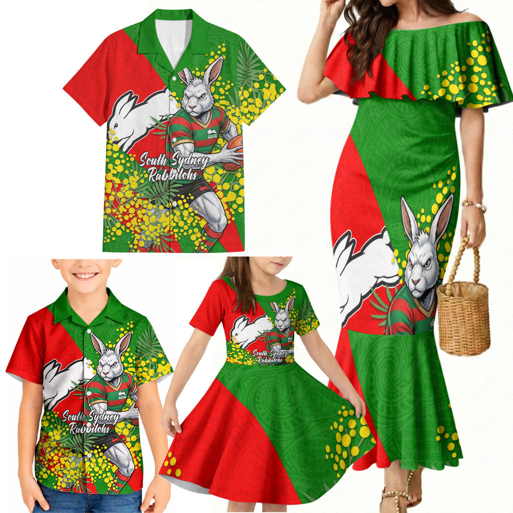 South Sydney Rabbitohs Family Matching Mermaid Dress and Hawaiian Shirt Golden Wattle Floral Polynesian - Australian Flower - Rugby Mascot