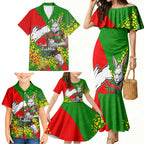 South Sydney Rabbitohs Family Matching Mermaid Dress and Hawaiian Shirt Golden Wattle Floral Polynesian - Australian Flower - Rugby Mascot