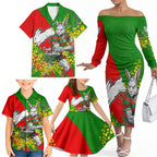 South Sydney Rabbitohs Family Matching Off The Shoulder Long Sleeve Dress and Hawaiian Shirt Golden Wattle Floral Polynesian - Australian Flower - Rugby Mascot