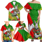 South Sydney Rabbitohs Family Matching Off Shoulder Maxi Dress and Hawaiian Shirt Golden Wattle Floral Polynesian - Australian Flower - Rugby Mascot