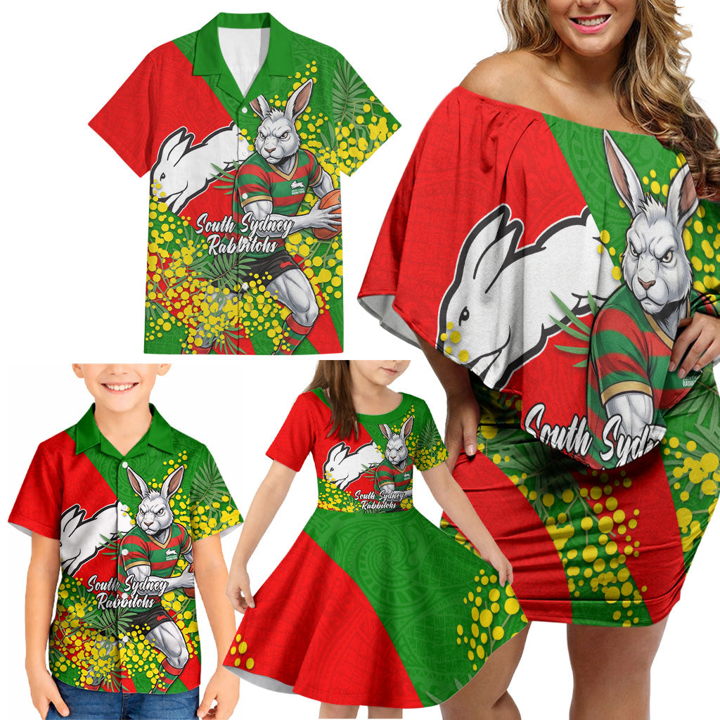 South Sydney Rabbitohs Family Matching Off Shoulder Short Dress and Hawaiian Shirt Golden Wattle Floral Polynesian - Australian Flower - Rugby Mascot