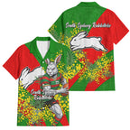 South Sydney Rabbitohs Family Matching Off Shoulder Short Dress and Hawaiian Shirt Golden Wattle Floral Polynesian - Australian Flower - Rugby Mascot