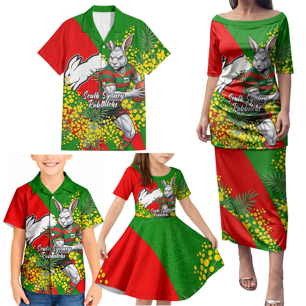 South Sydney Rabbitohs Family Matching Puletasi and Hawaiian Shirt Golden Wattle Floral Polynesian - Australian Flower - Rugby Mascot