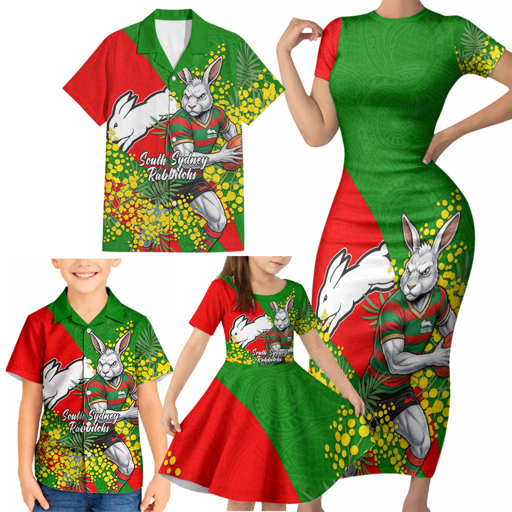 South Sydney Rabbitohs Family Matching Short Sleeve Bodycon Dress and Hawaiian Shirt Golden Wattle Floral Polynesian - Australian Flower - Rugby Mascot